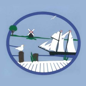 Oda Wiedbrecht - Fensterbild "Segelschiff mit Mühle"