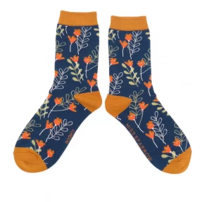 Damen-Socken - Bamboo  "Wild Floral, Navy",  Größe: 36 - 41