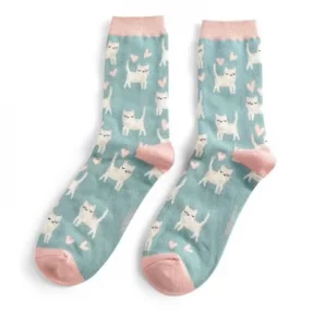 Damen-Socken - Bamboo  "Sleepy Cats, Duck Egg", Größe: 36 - 41