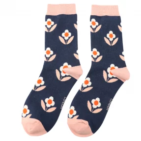 Damen-Socken - Bamboo  "Retro Daisies, Navy" , Größe: 36 - 41