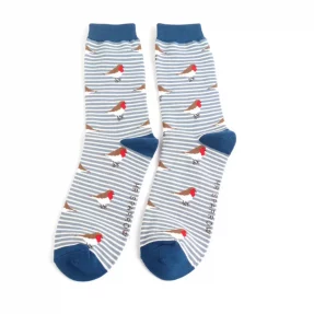 Männer-Socken - Bamboo "Robins on Stripes, Denim", Größe: 40 - 46