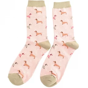 Damen-Socken - Bamboo "Sausage Dog & Spot, Dusky Pink" Größe: 36 - 41
