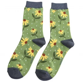Damen-Socken - Bamboo "Sunflowers, Green" Größe: 36 - 41