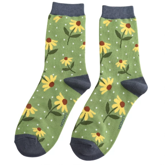 Damen-Socken - Bamboo "Sunflowers, Green" Größe: 36 - 41