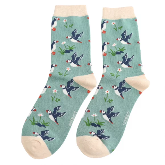 Damen-Socken - Bamboo "Cool Puffins, Green", Größe: 36 - 41
